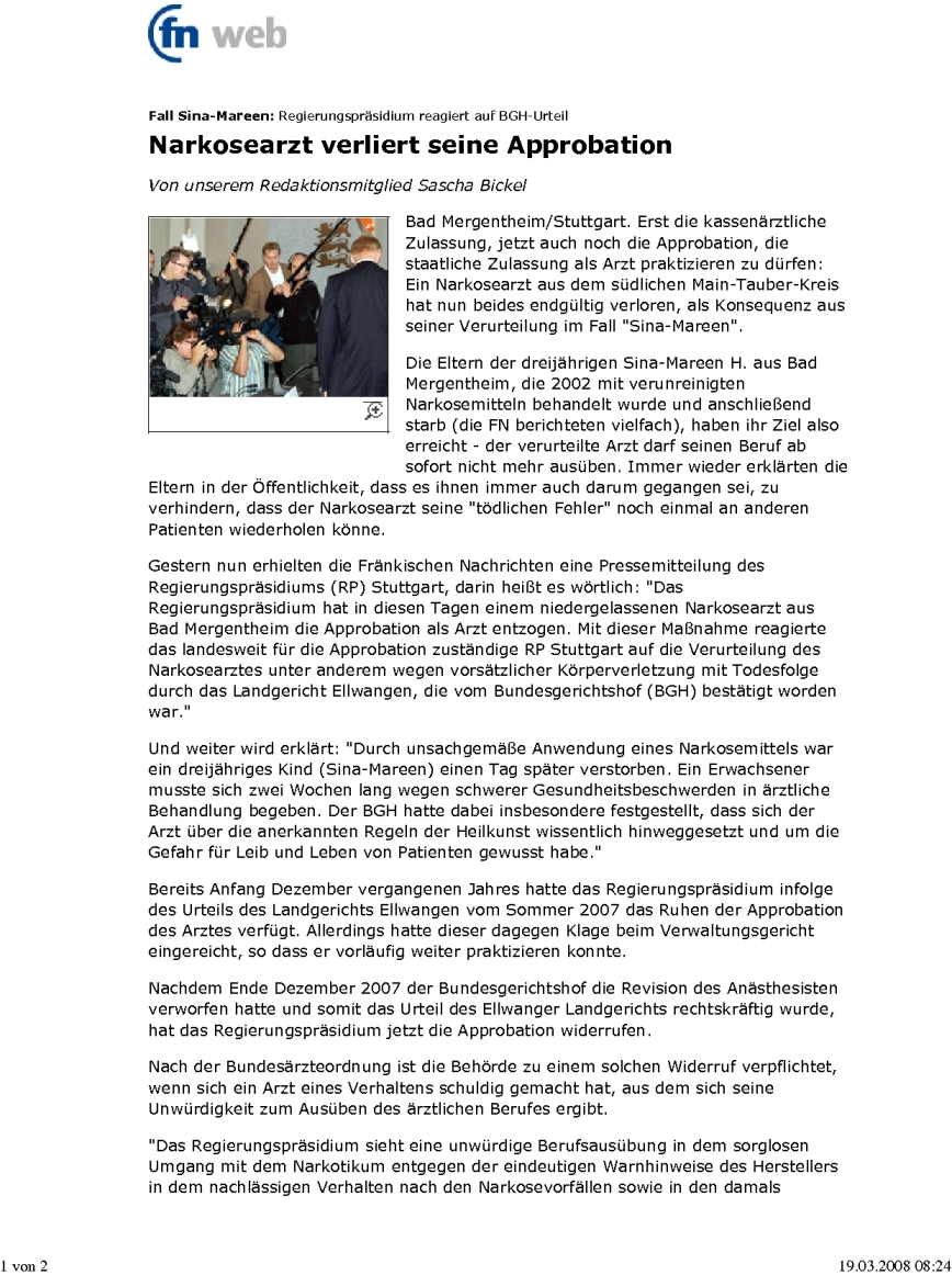 Narkosearzt verliert seine Approbation_FN1