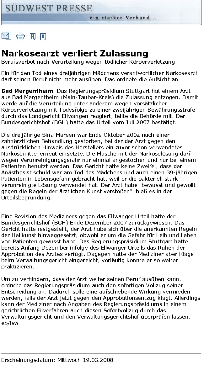 SÜDWEST PRESSE - Narkosearzt verliert Zulassung TZ_19_03_2008